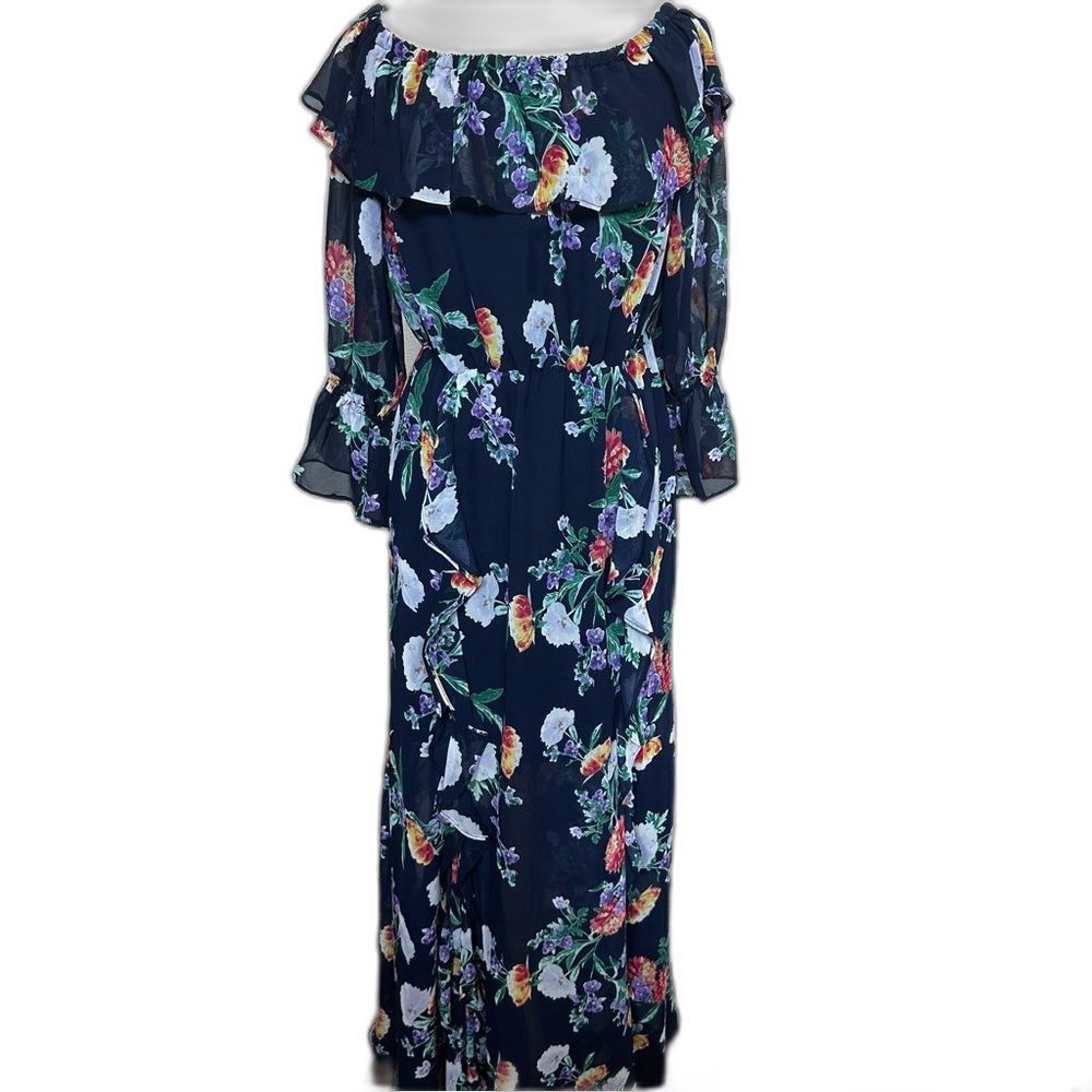 New York & Company Navy Floral Chiffon Maxi Dress - Women M - Cottage Demure